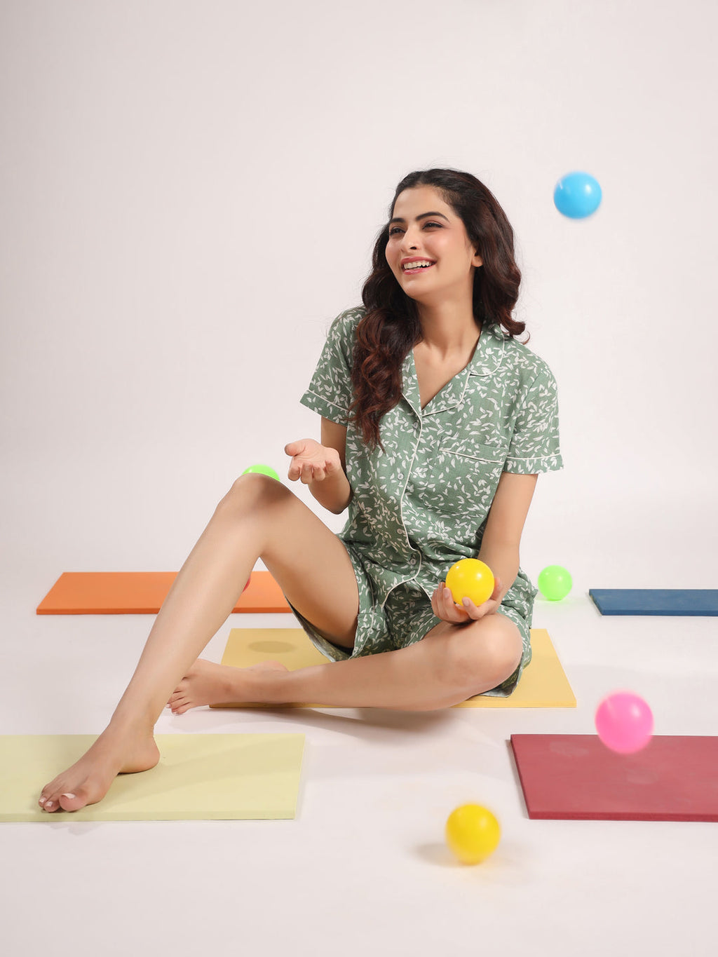 Green printed Night Suit Shirt & Shorts Set - SanskrutiHomes 