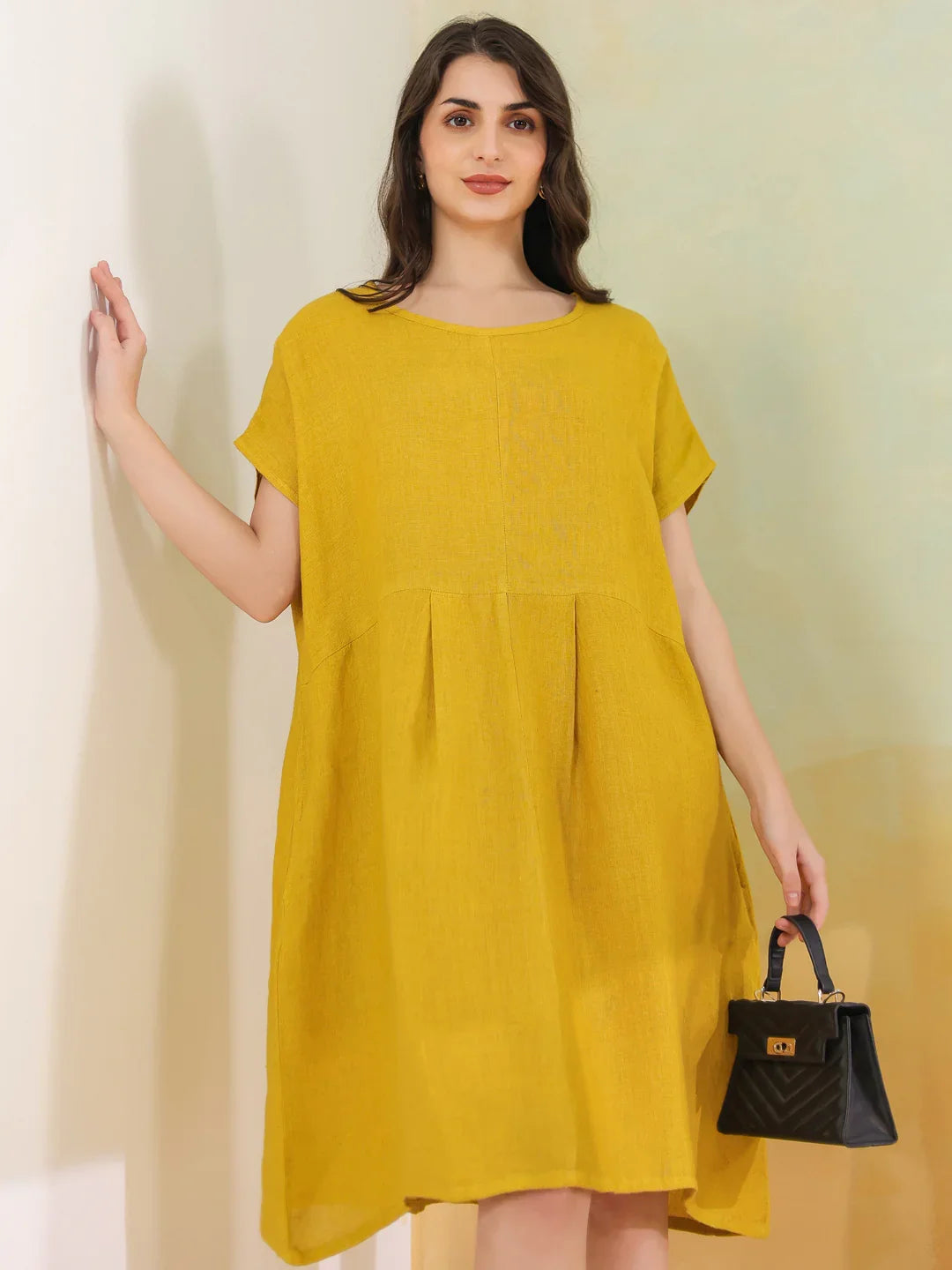 Yellow Solid Linen Blend Dress for Women - SanskrutiHomes 