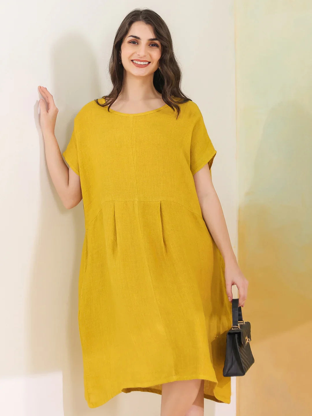 Yellow Solid Linen Blend Dress for Women - SanskrutiHomes 