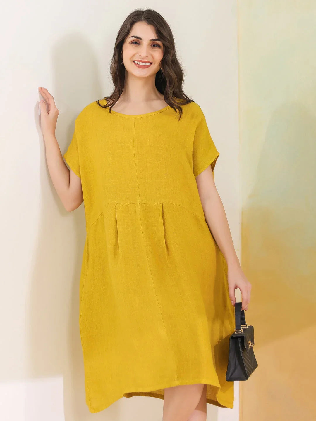 Yellow Solid Linen Blend Dress for Women - SanskrutiHomes 