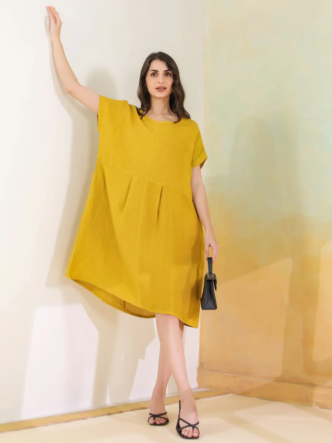 Yellow Solid Linen Blend Dress for Women - SanskrutiHomes 