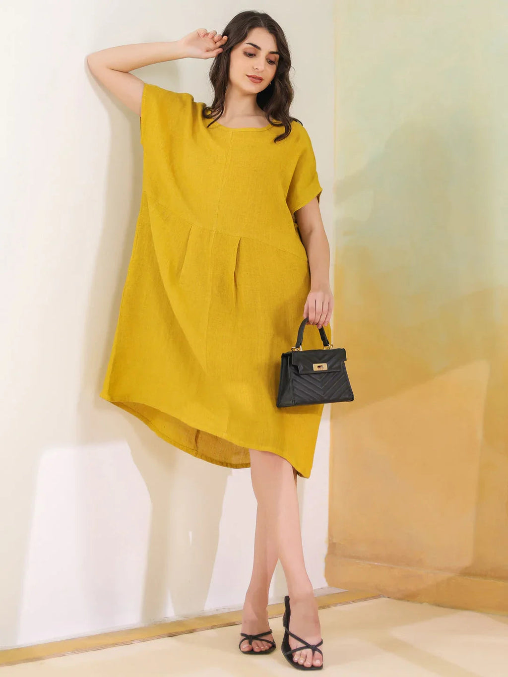 Yellow Solid Linen Blend Dress for Women - SanskrutiHomes 