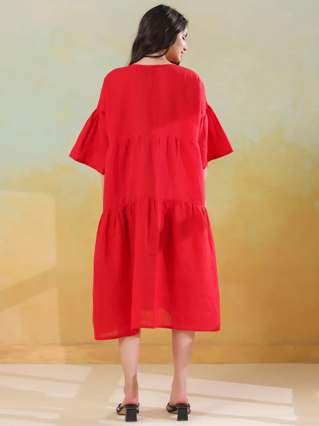 Red Color Linen Blend V-Neck Dress for Women - SanskrutiHomes 