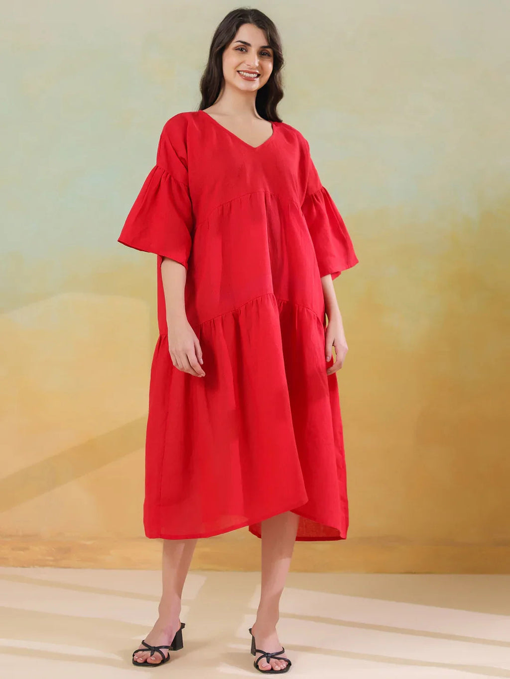 Red Color Linen Blend V-Neck Dress for Women - SanskrutiHomes 