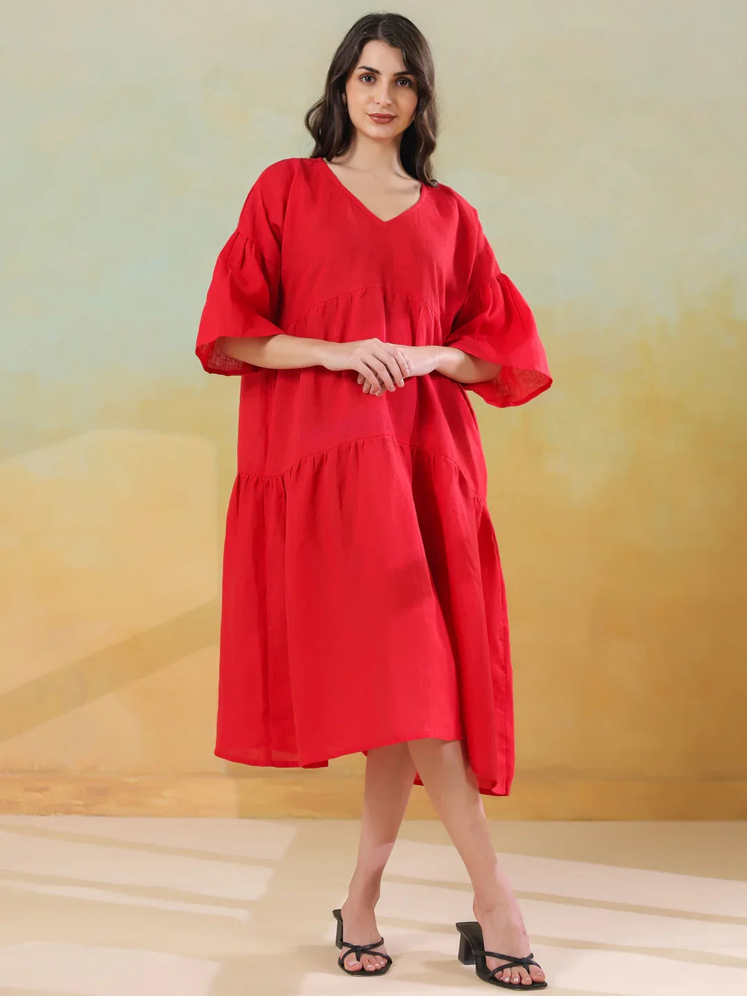 Red Color Linen Blend V-Neck Dress for Women - SanskrutiHomes 