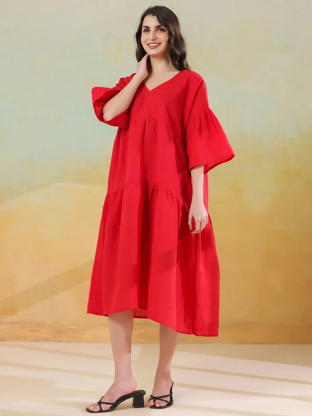 Red Color Linen Blend V-Neck Dress for Women - SanskrutiHomes 