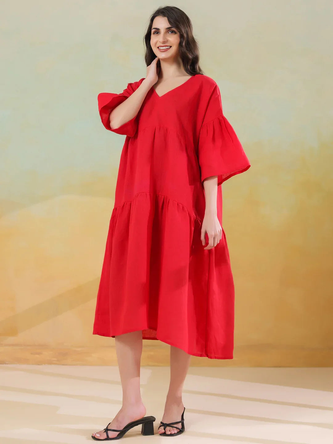 Red Color Linen Blend V-Neck Dress for Women - SanskrutiHomes 