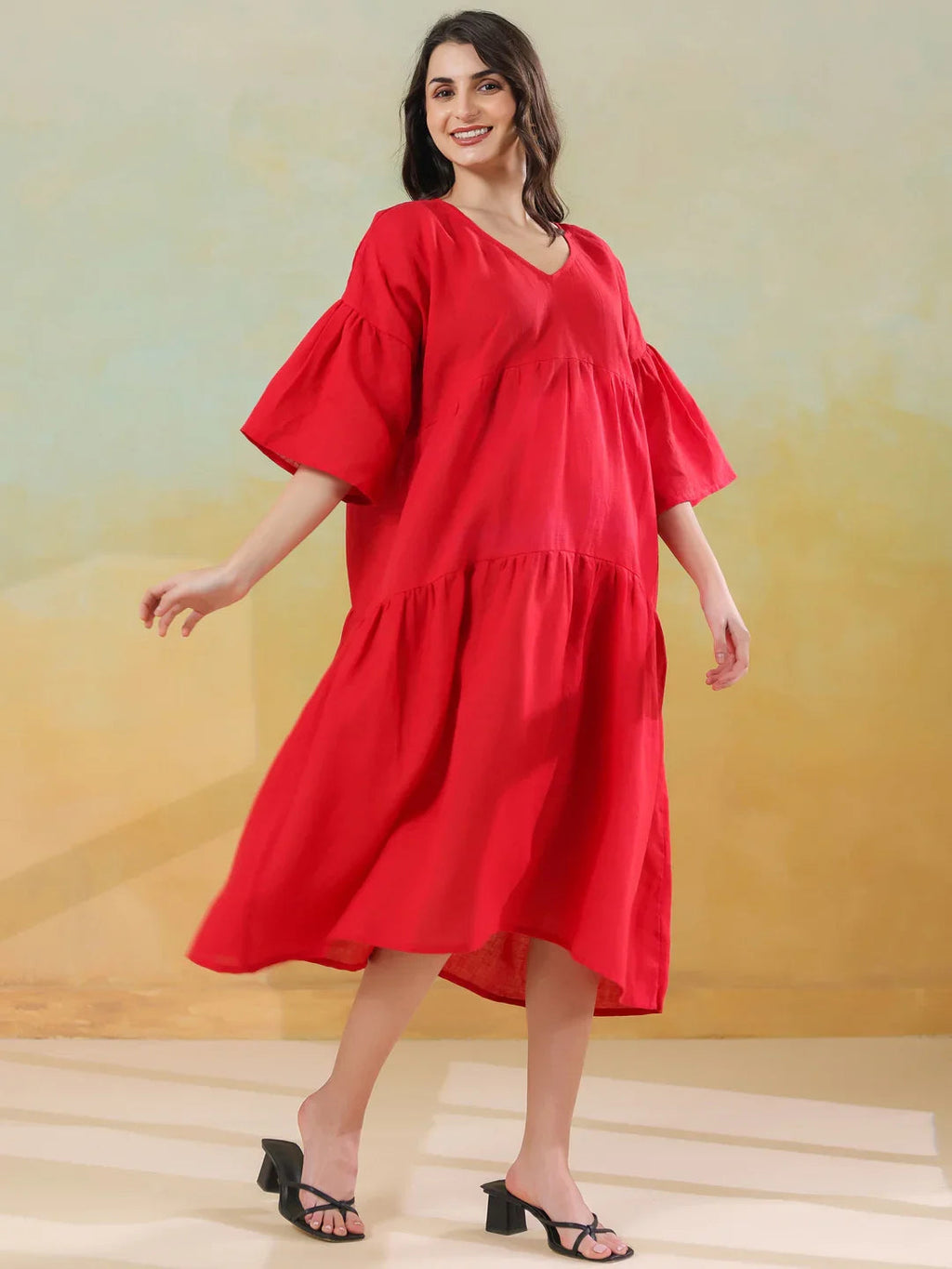 Red Color Linen Blend V-Neck Dress for Women - SanskrutiHomes 