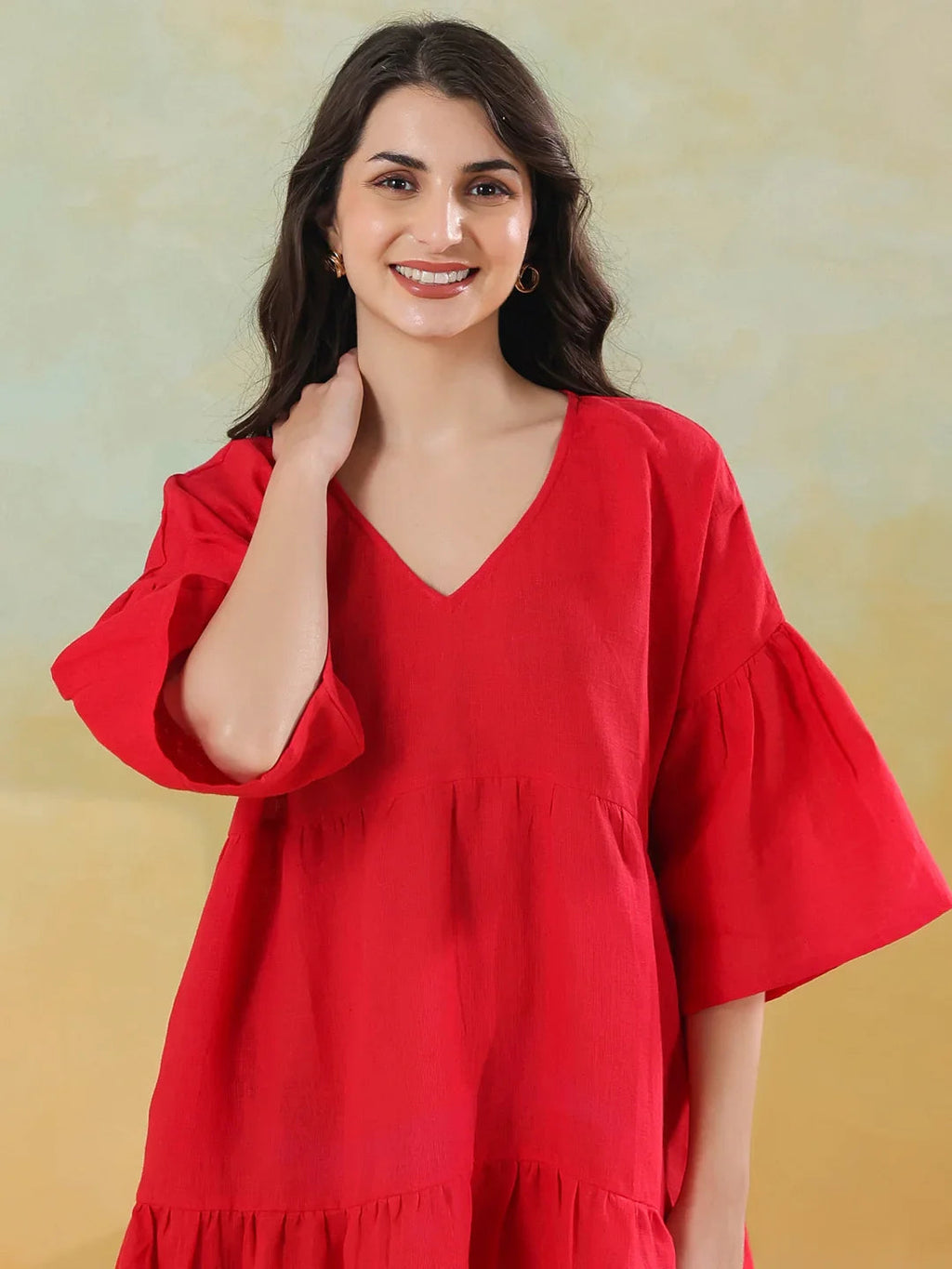 Red Color Linen Blend V-Neck Dress for Women - SanskrutiHomes 