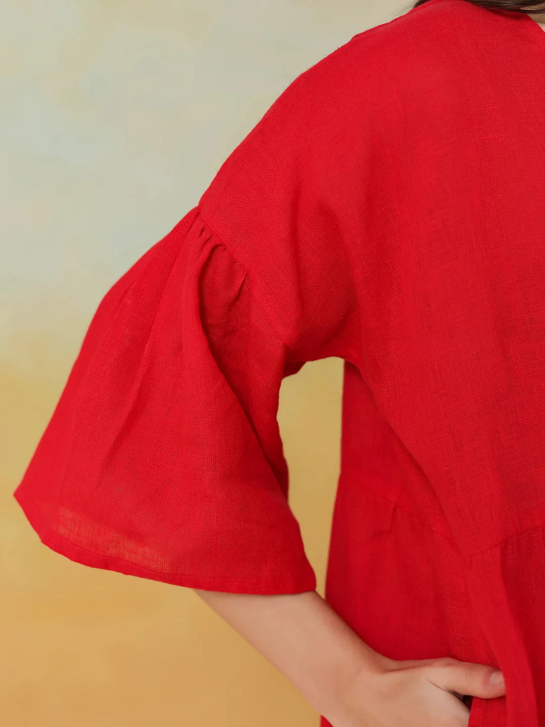 Red Color Linen Blend V-Neck Dress for Women - SanskrutiHomes 