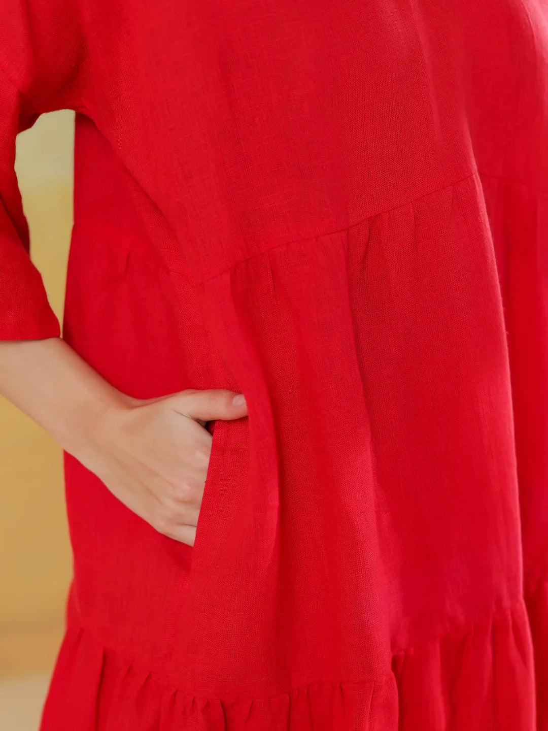 Red Color Linen Blend V-Neck Dress for Women - SanskrutiHomes 