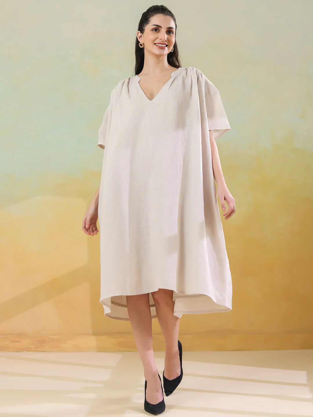 White Color Linen Blend V-Neck Dress for Women - SanskrutiHomes 