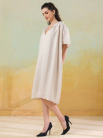 White Color Linen Blend V-Neck Dress for Women - SanskrutiHomes 