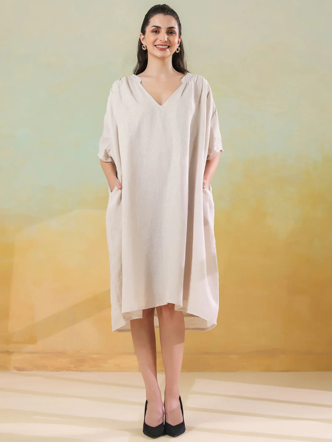 White Color Linen Blend V-Neck Dress for Women - SanskrutiHomes 