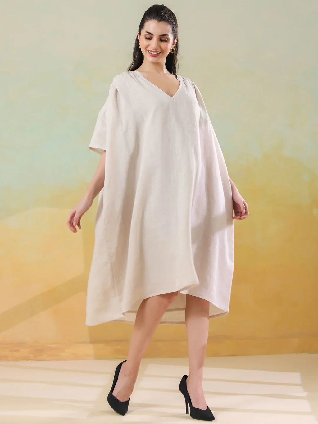 White Color Linen Blend V-Neck Dress for Women - SanskrutiHomes 