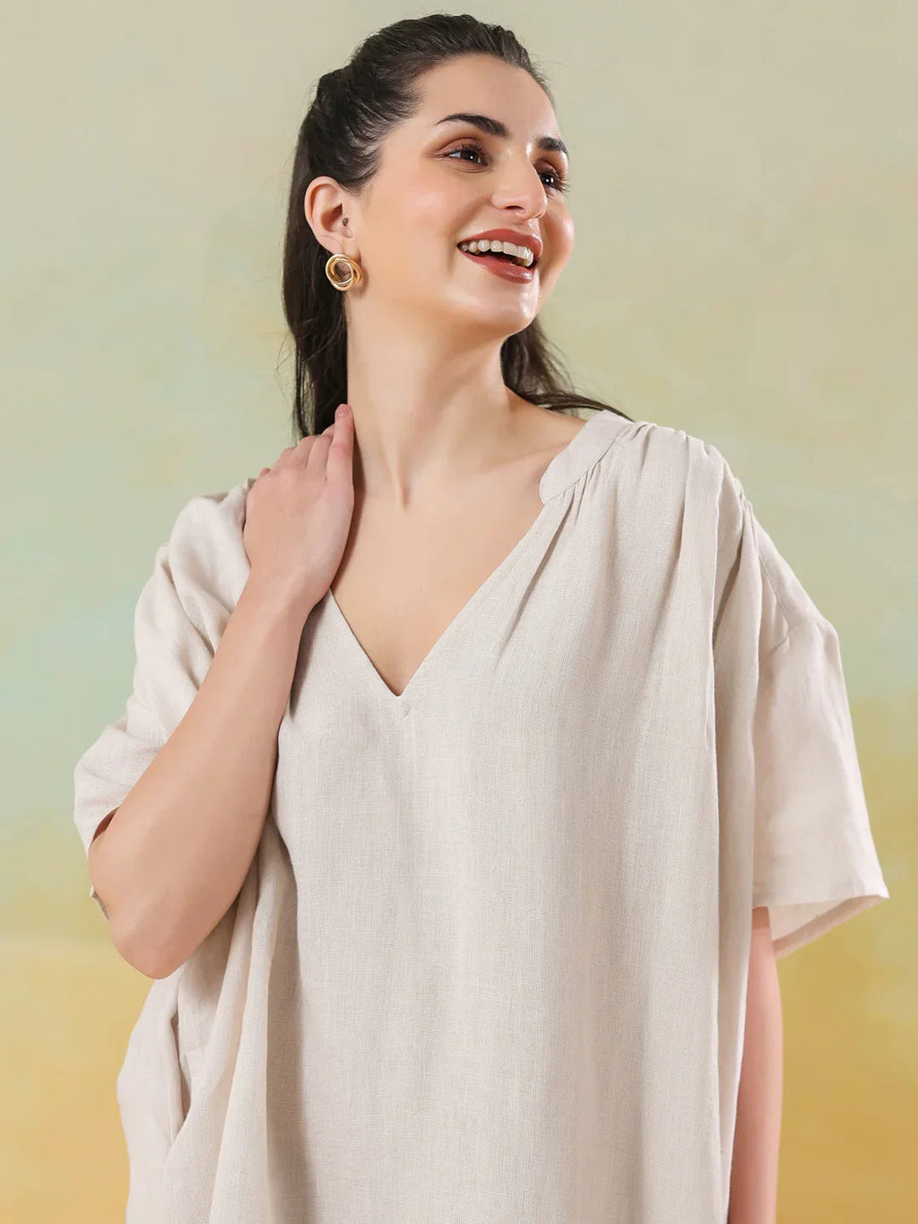 White Color Linen Blend V-Neck Dress for Women - SanskrutiHomes 