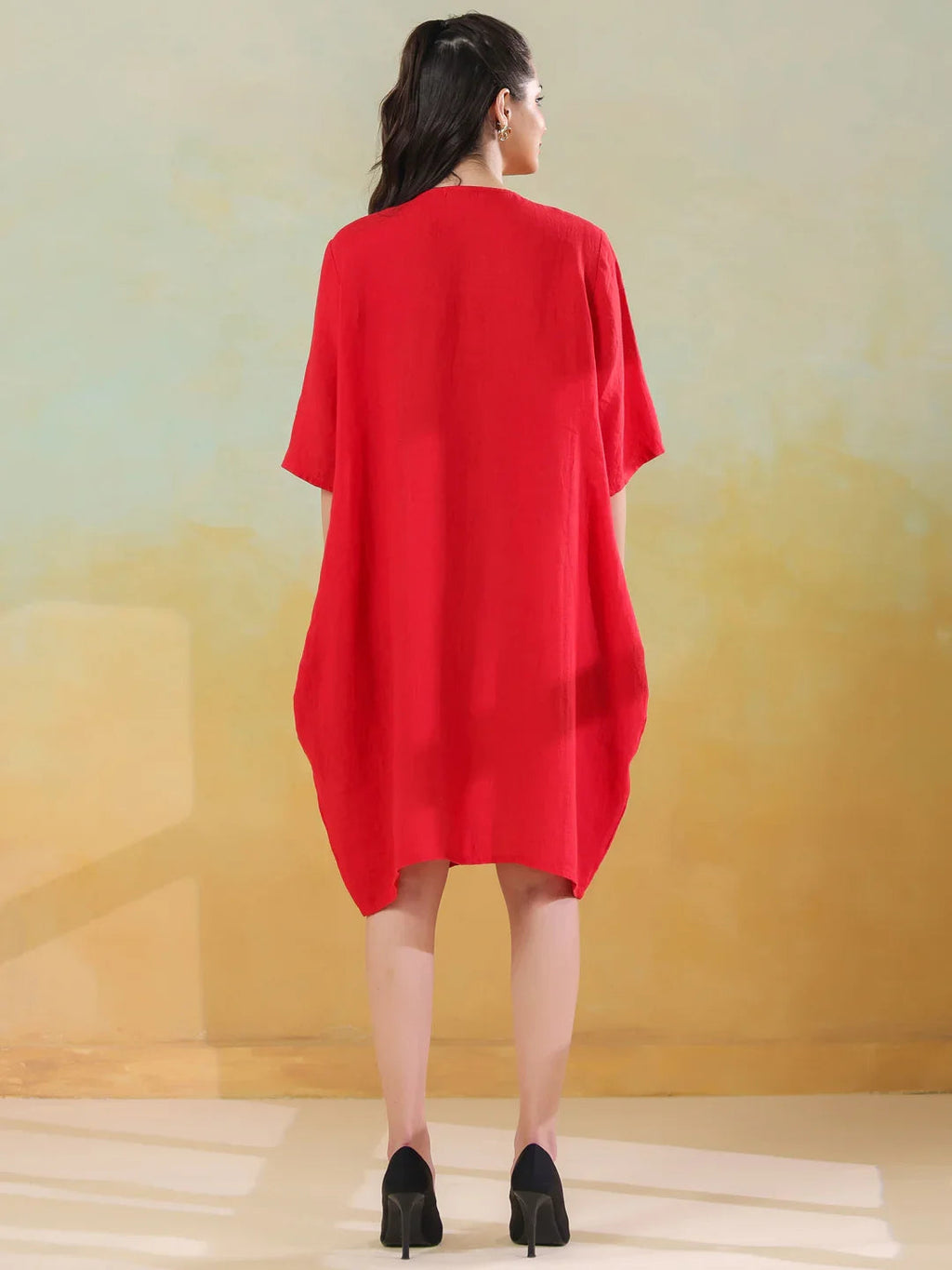 Red Round Neck Linen Blend Dress for Women - SanskrutiHomes 