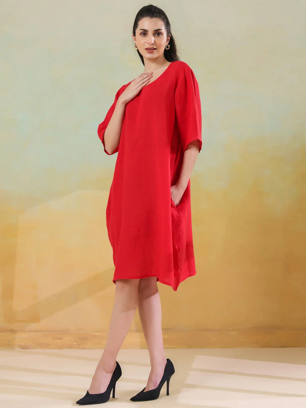 Red Round Neck Linen Blend Dress for Women - SanskrutiHomes 