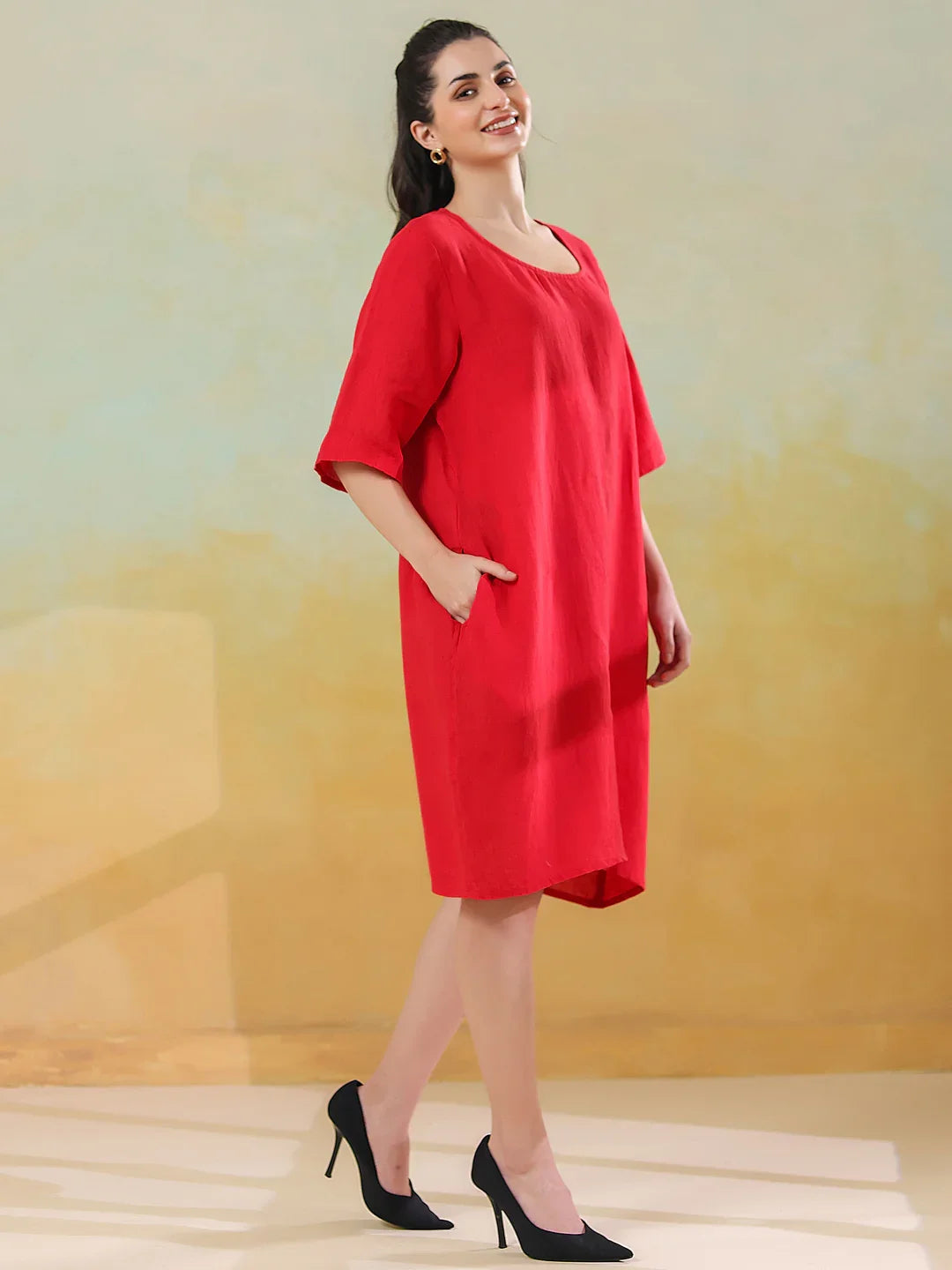 Red Round Neck Linen Blend Dress for Women - SanskrutiHomes 