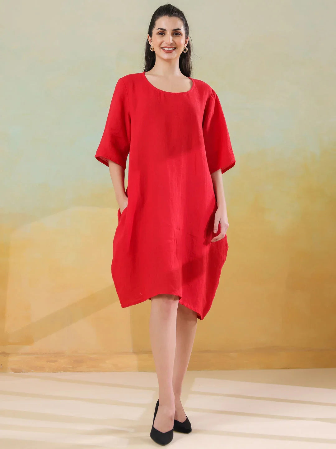 Red Round Neck Linen Blend Dress for Women - SanskrutiHomes 