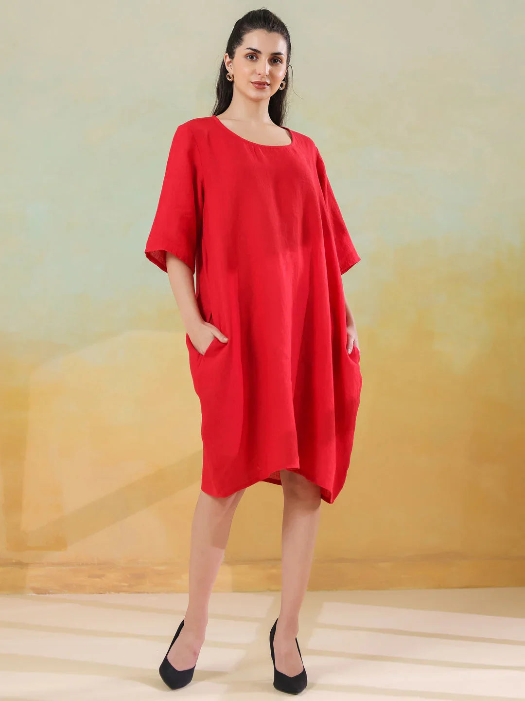 Red Round Neck Linen Blend Dress for Women - SanskrutiHomes 