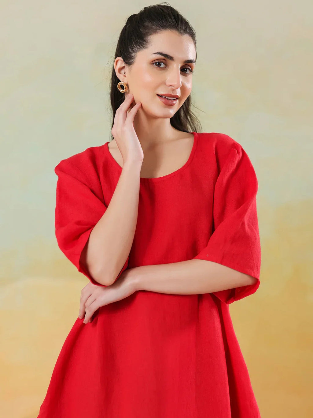 Red Round Neck Linen Blend Dress for Women - SanskrutiHomes 