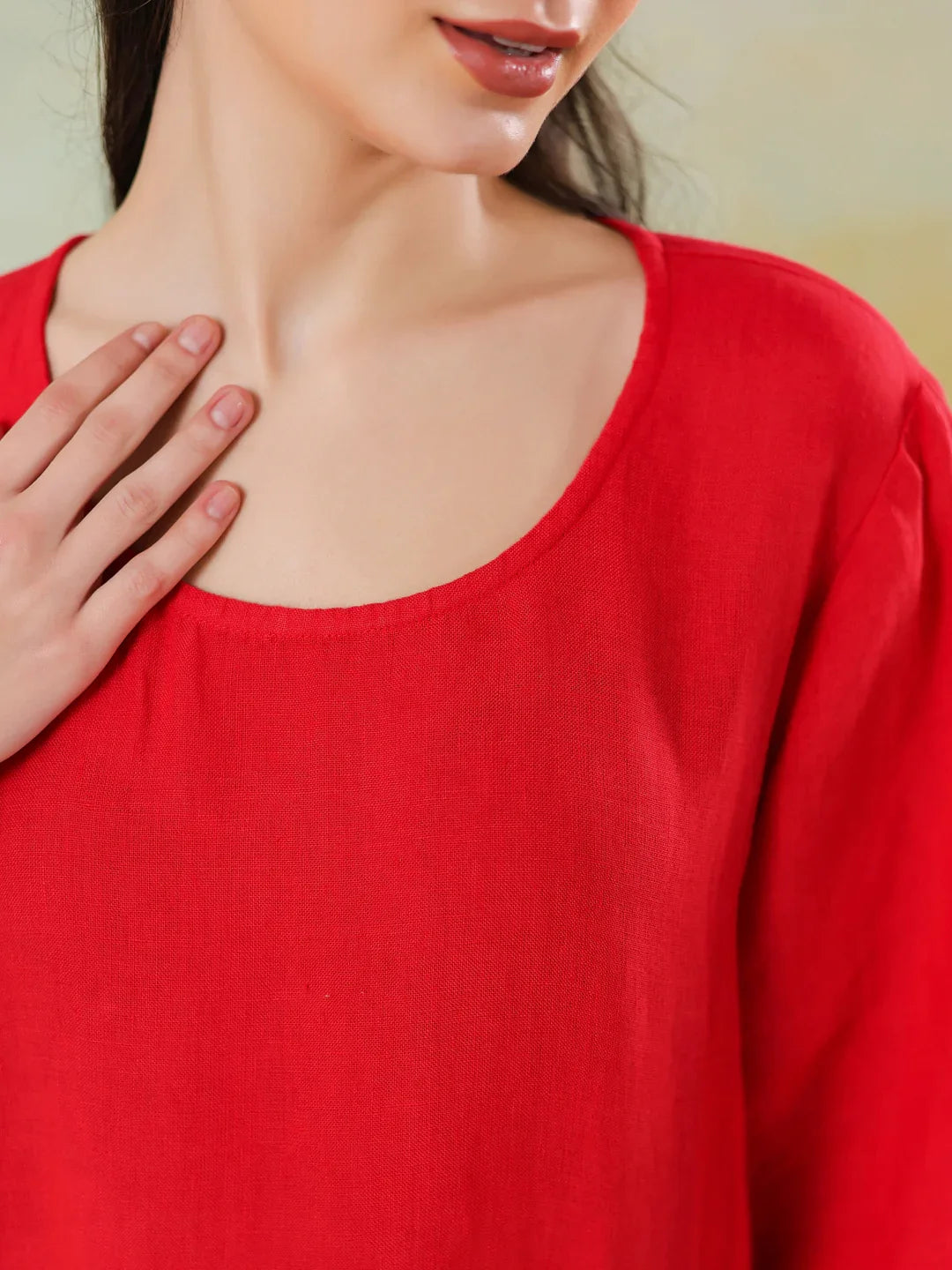 Red Round Neck Linen Blend Dress for Women - SanskrutiHomes 