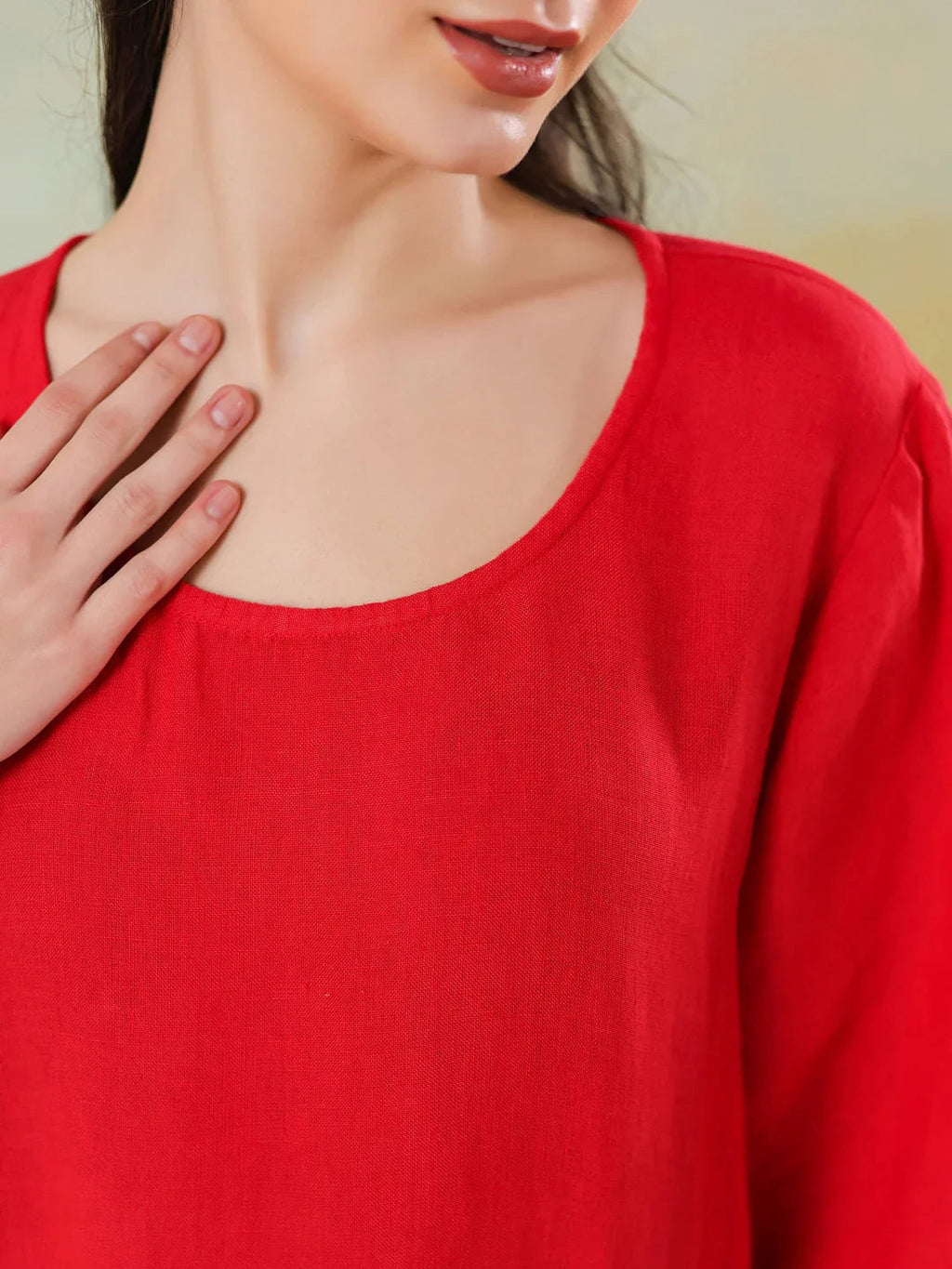 Red Round Neck Linen Blend Dress for Women - SanskrutiHomes 