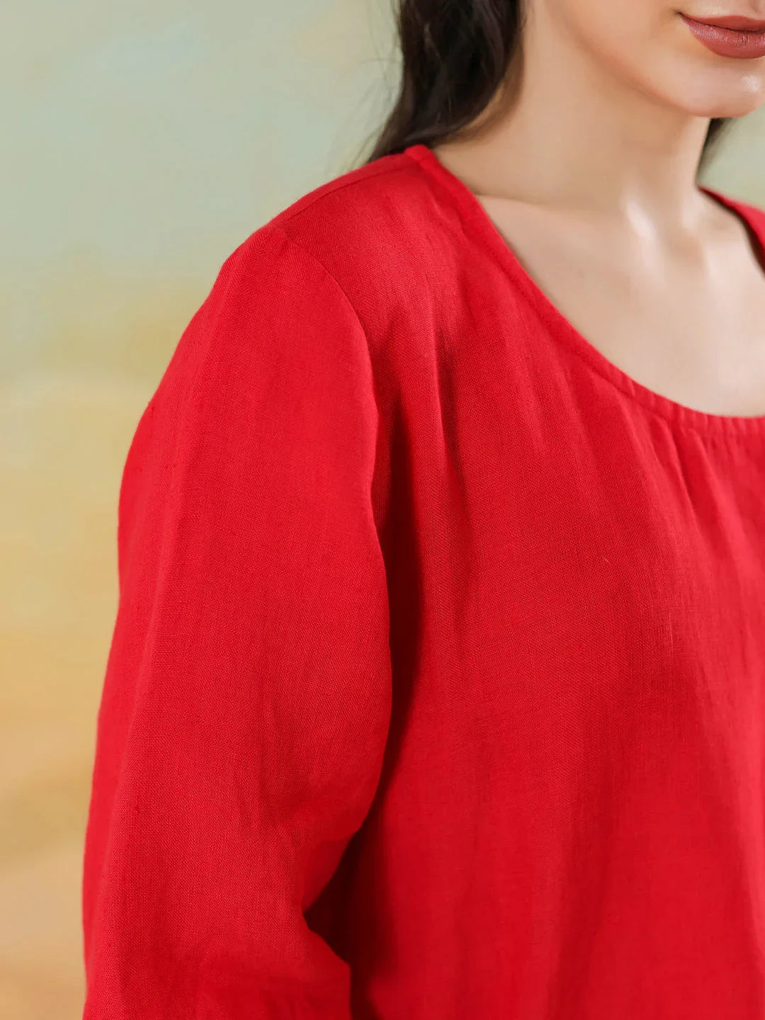 Red Round Neck Linen Blend Dress for Women - SanskrutiHomes 