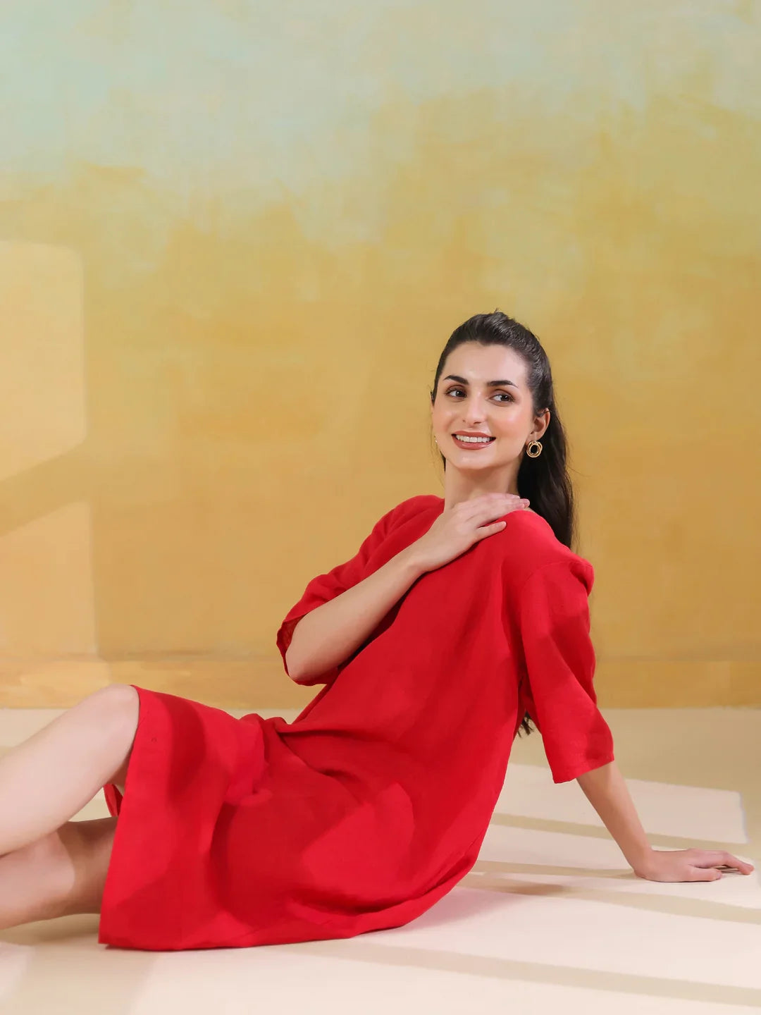 Red Round Neck Linen Blend Dress for Women - SanskrutiHomes 