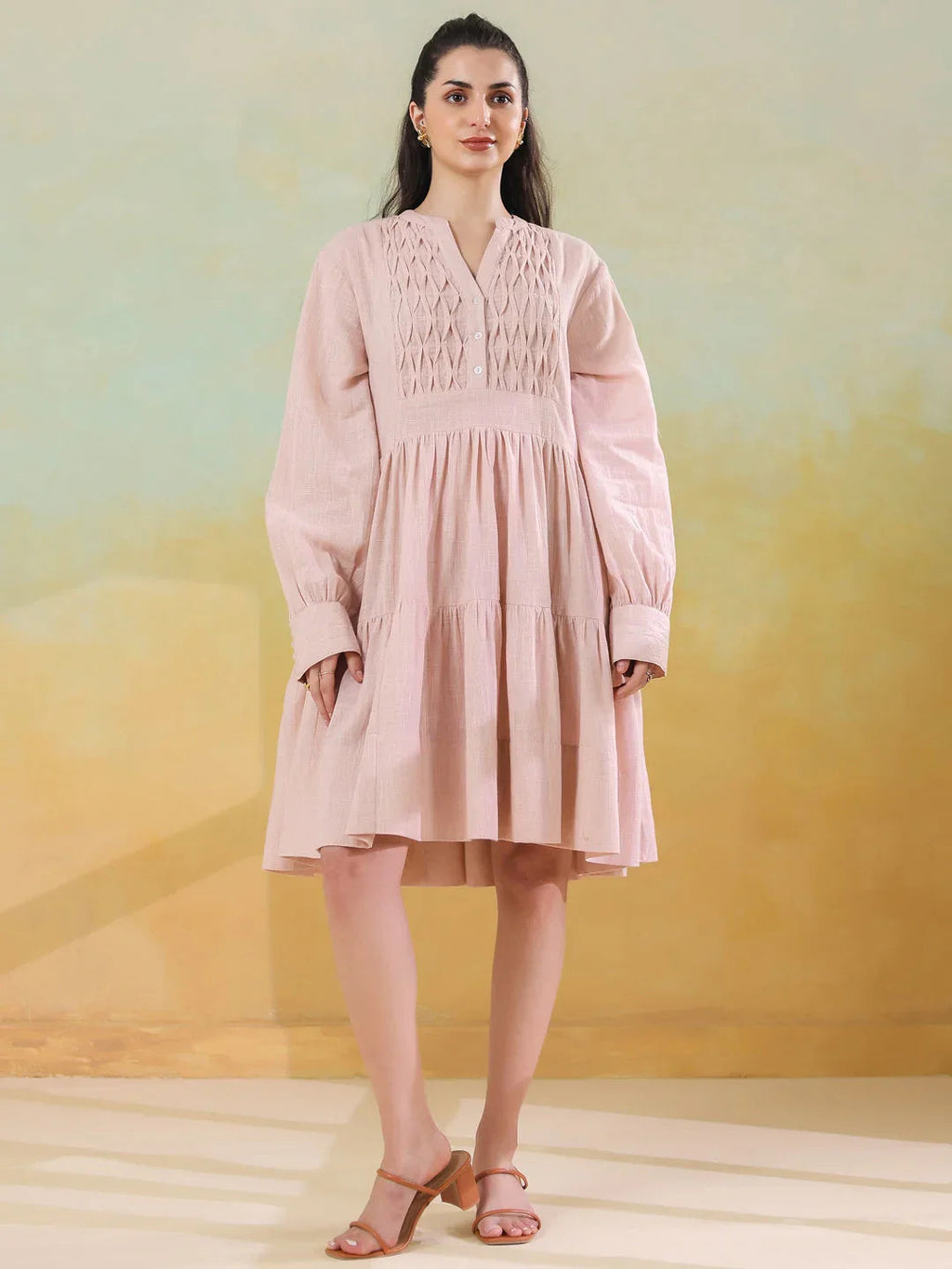 Pink Round Neck Solid Dress for Women - SanskrutiHomes 