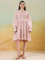 Pink Round Neck Solid Dress for Women - SanskrutiHomes 
