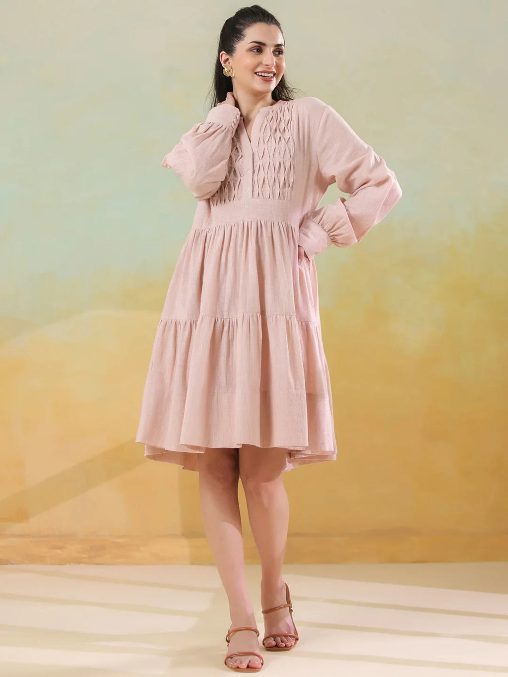 Pink Round Neck Solid Dress for Women - SanskrutiHomes 