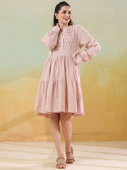 Pink Round Neck Solid Dress for Women - SanskrutiHomes 