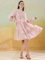 Pink Round Neck Solid Dress for Women - SanskrutiHomes 