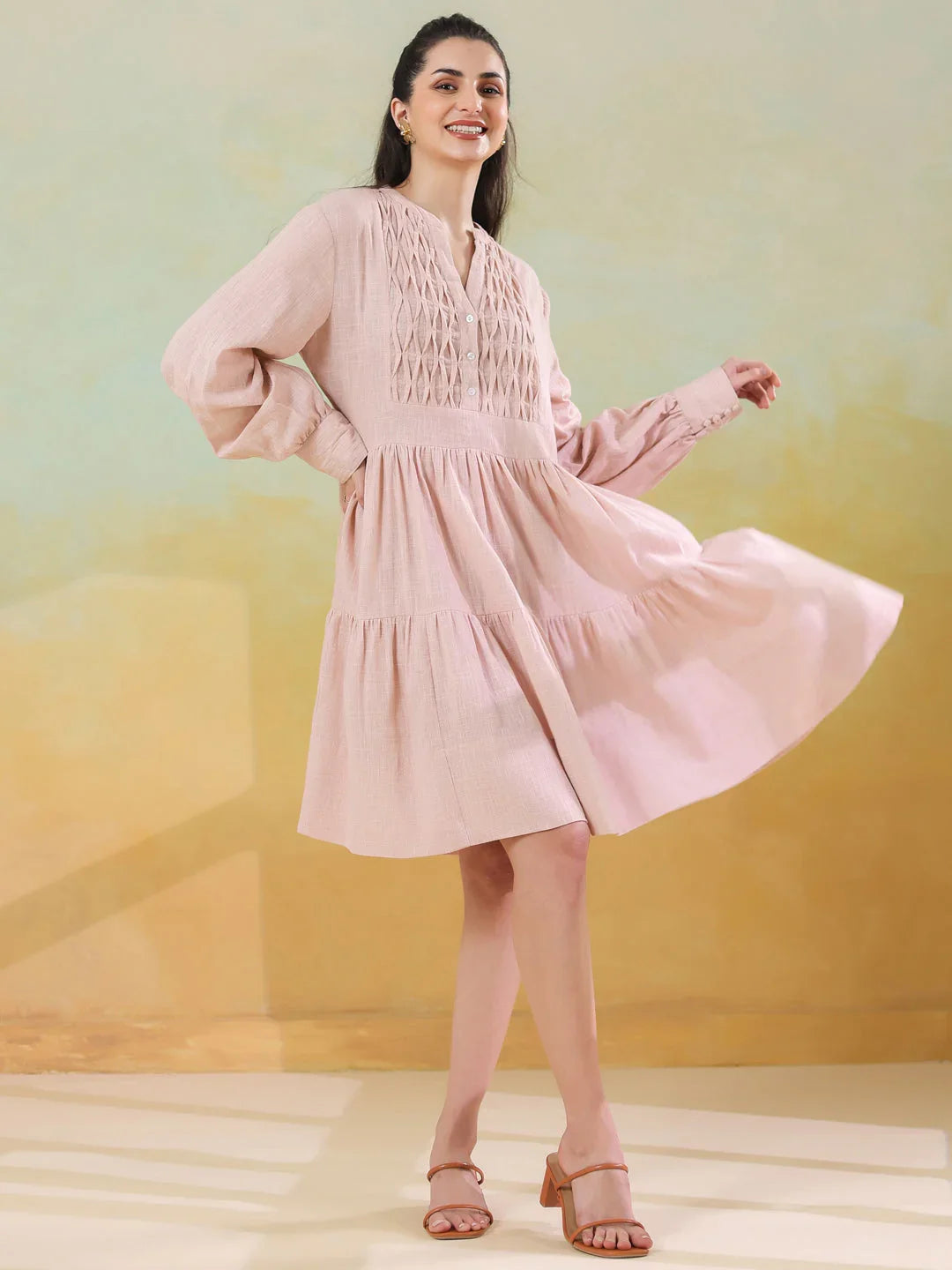 Pink Round Neck Solid Dress for Women - SanskrutiHomes 