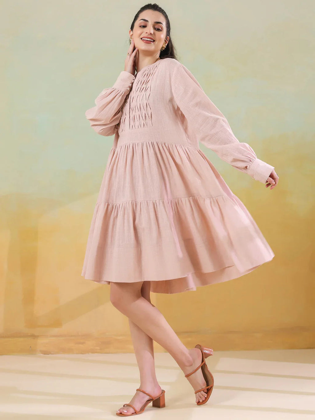 Pink Round Neck Solid Dress for Women - SanskrutiHomes 