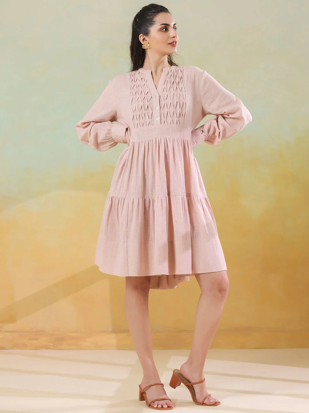 Pink Round Neck Solid Dress for Women - SanskrutiHomes 