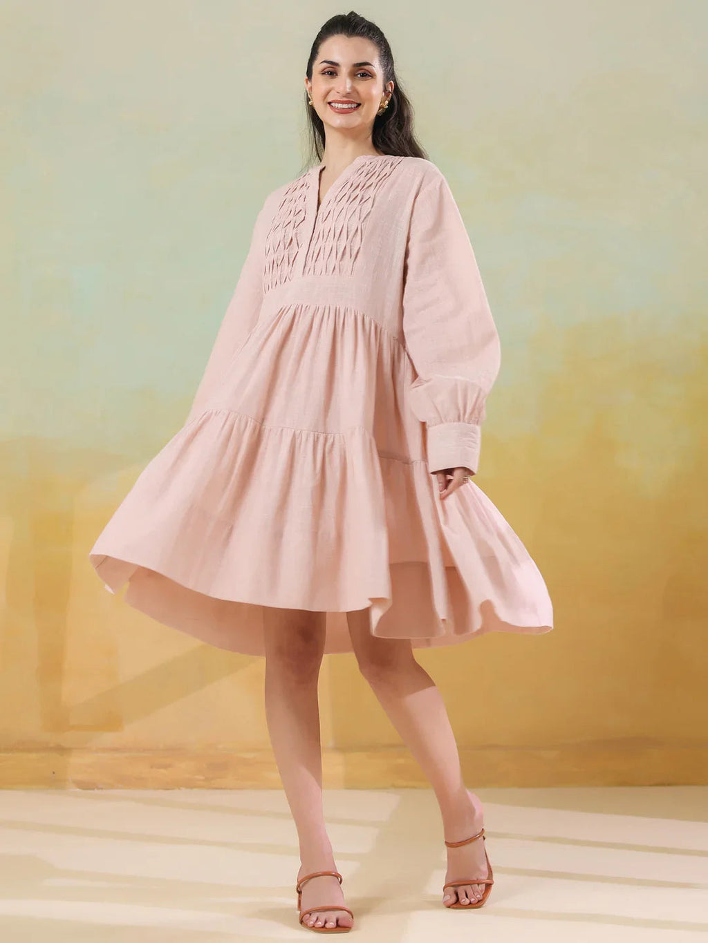 Pink Round Neck Solid Dress for Women - SanskrutiHomes 