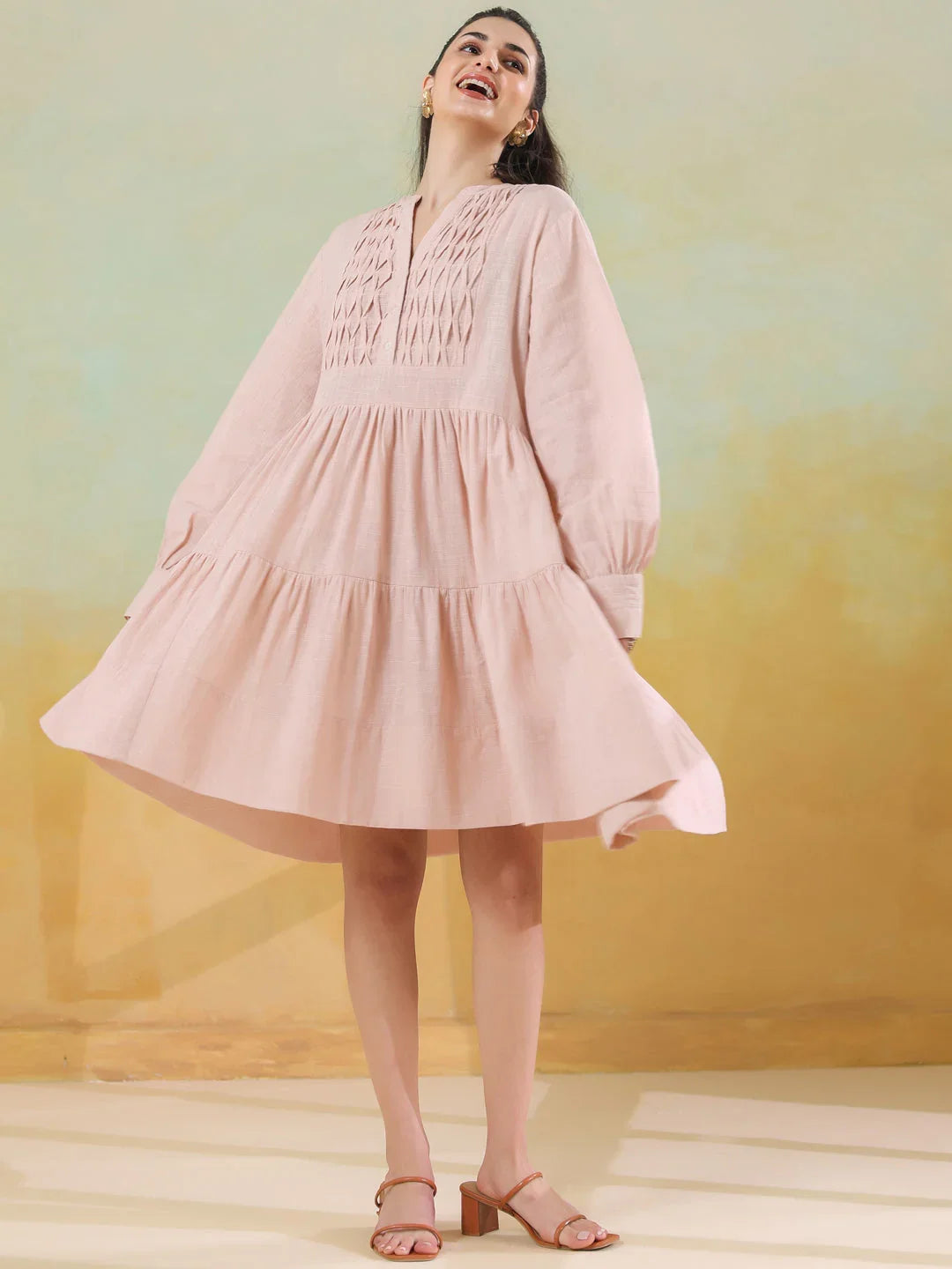 Pink Round Neck Solid Dress for Women - SanskrutiHomes 