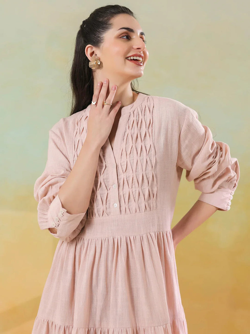 Pink Round Neck Solid Dress for Women - SanskrutiHomes 