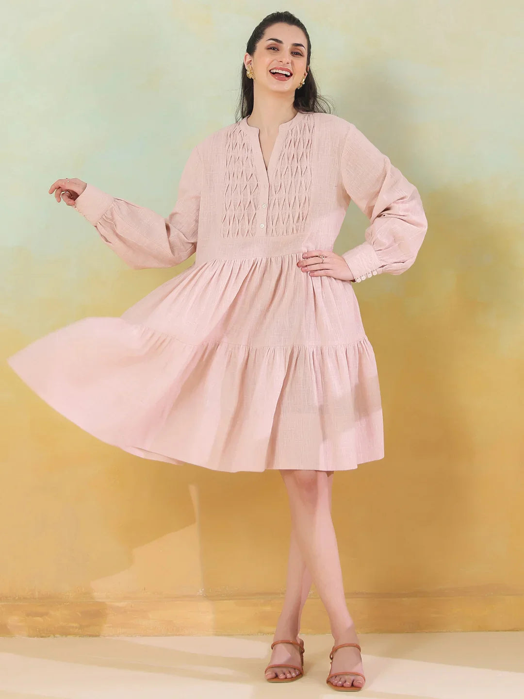 Pink Round Neck Solid Dress for Women - SanskrutiHomes 