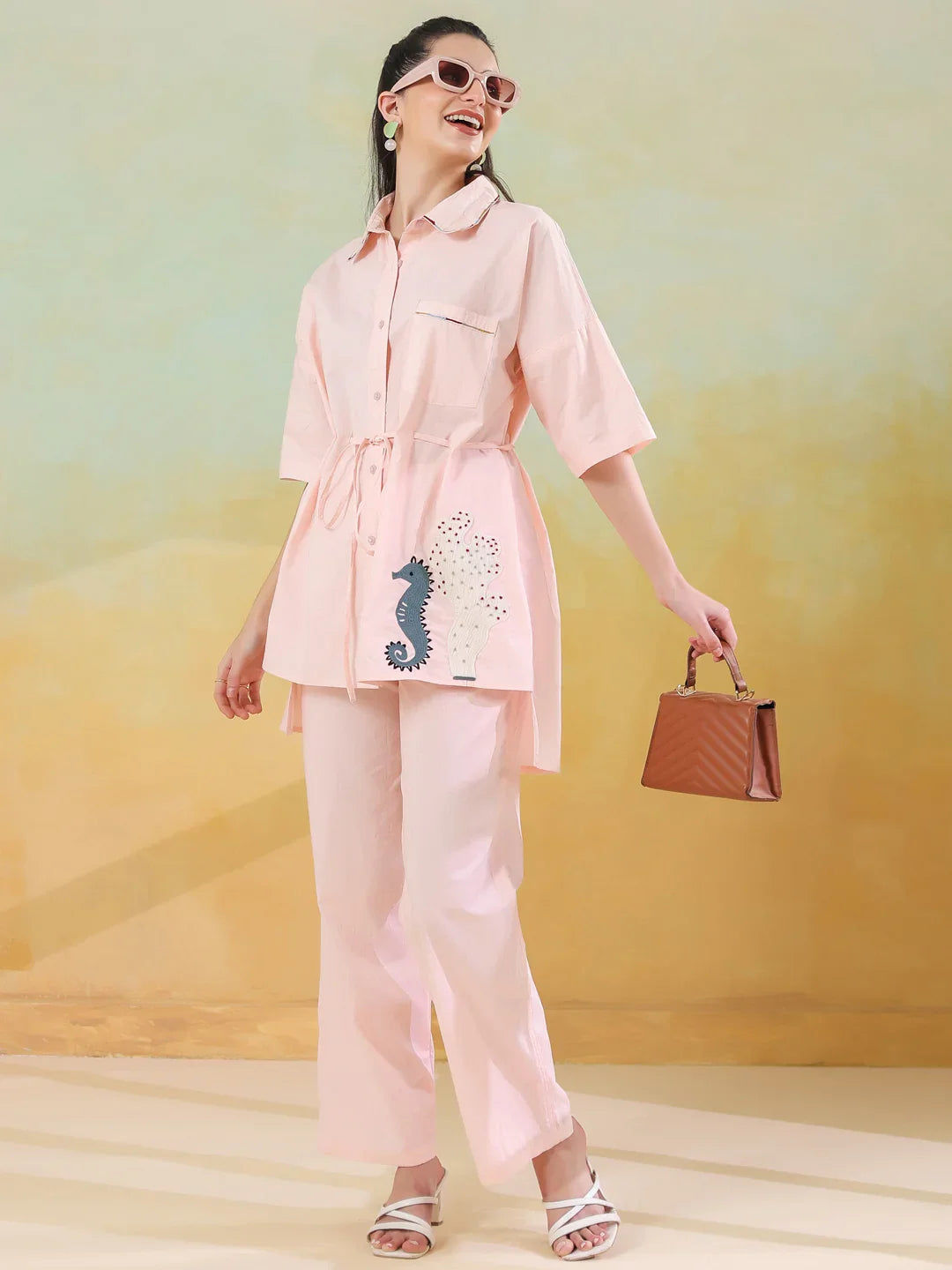 Peach Color Solid Co-ords Set for Women and Girls - SanskrutiHomes 