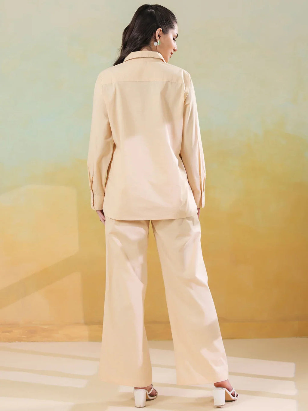 Cream Color Shirt Collar Pure Cotton Co-ords Set for Women - SanskrutiHomes 