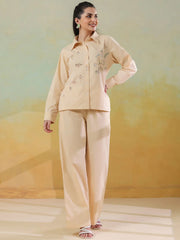 Cream Color Shirt Collar Pure Cotton Co-ords Set for Women - SanskrutiHomes 