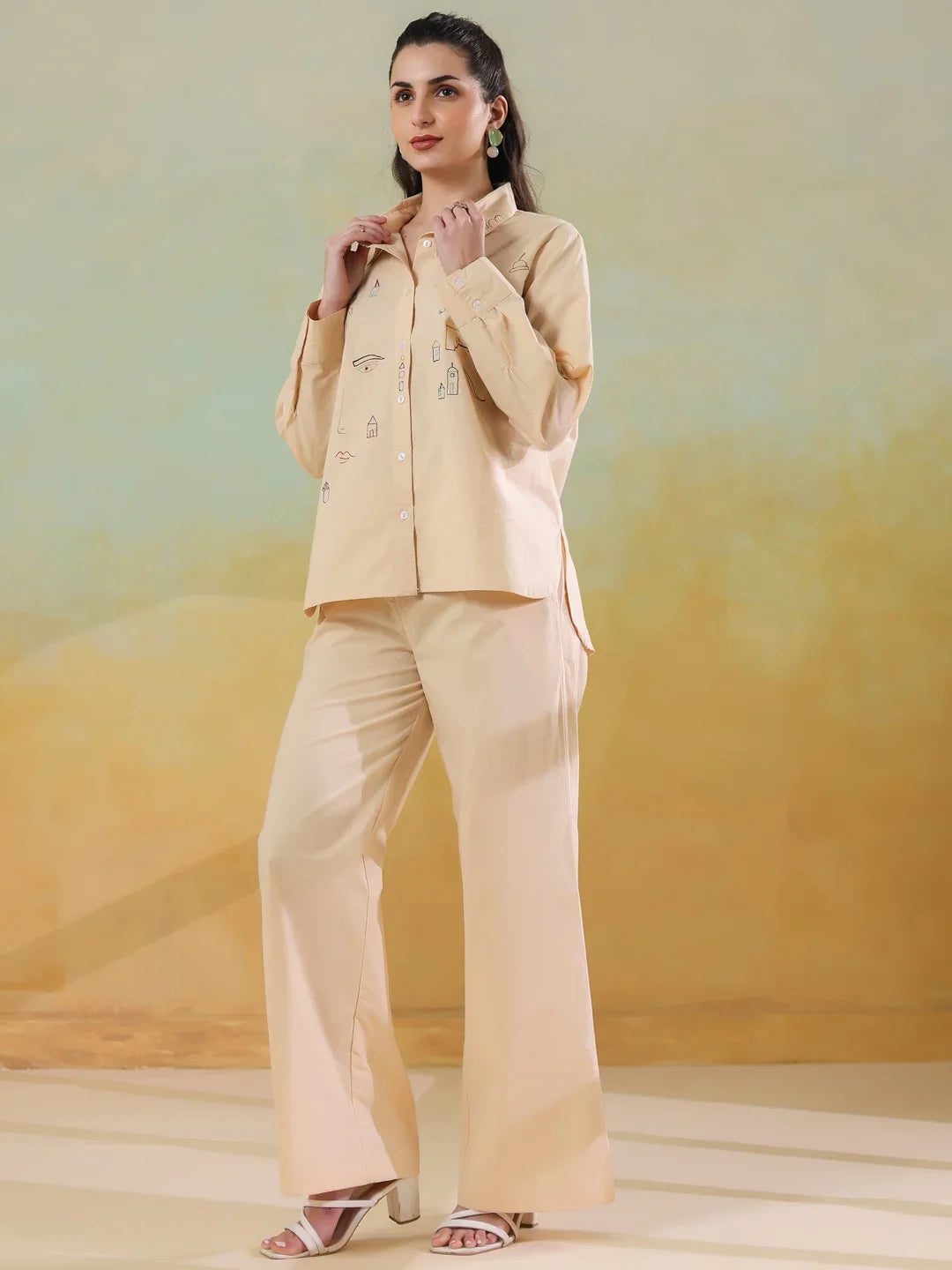 Cream Color Shirt Collar Pure Cotton Co-ords Set for Women - SanskrutiHomes 