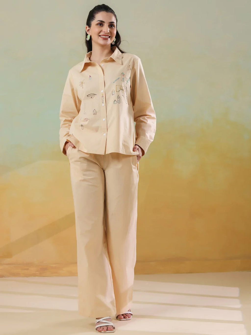 Cream Color Shirt Collar Pure Cotton Co-ords Set for Women - SanskrutiHomes 