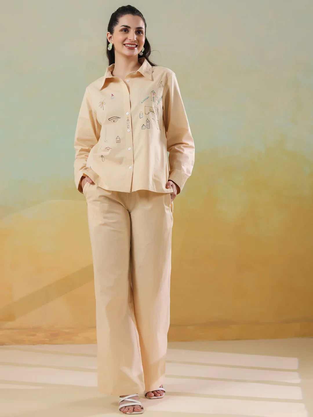 Cream Color Shirt Collar Pure Cotton Co-ords Set for Women - SanskrutiHomes 