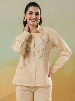 Cream Color Shirt Collar Pure Cotton Co-ords Set for Women - SanskrutiHomes 
