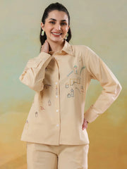 Cream Color Shirt Collar Pure Cotton Co-ords Set for Women - SanskrutiHomes 